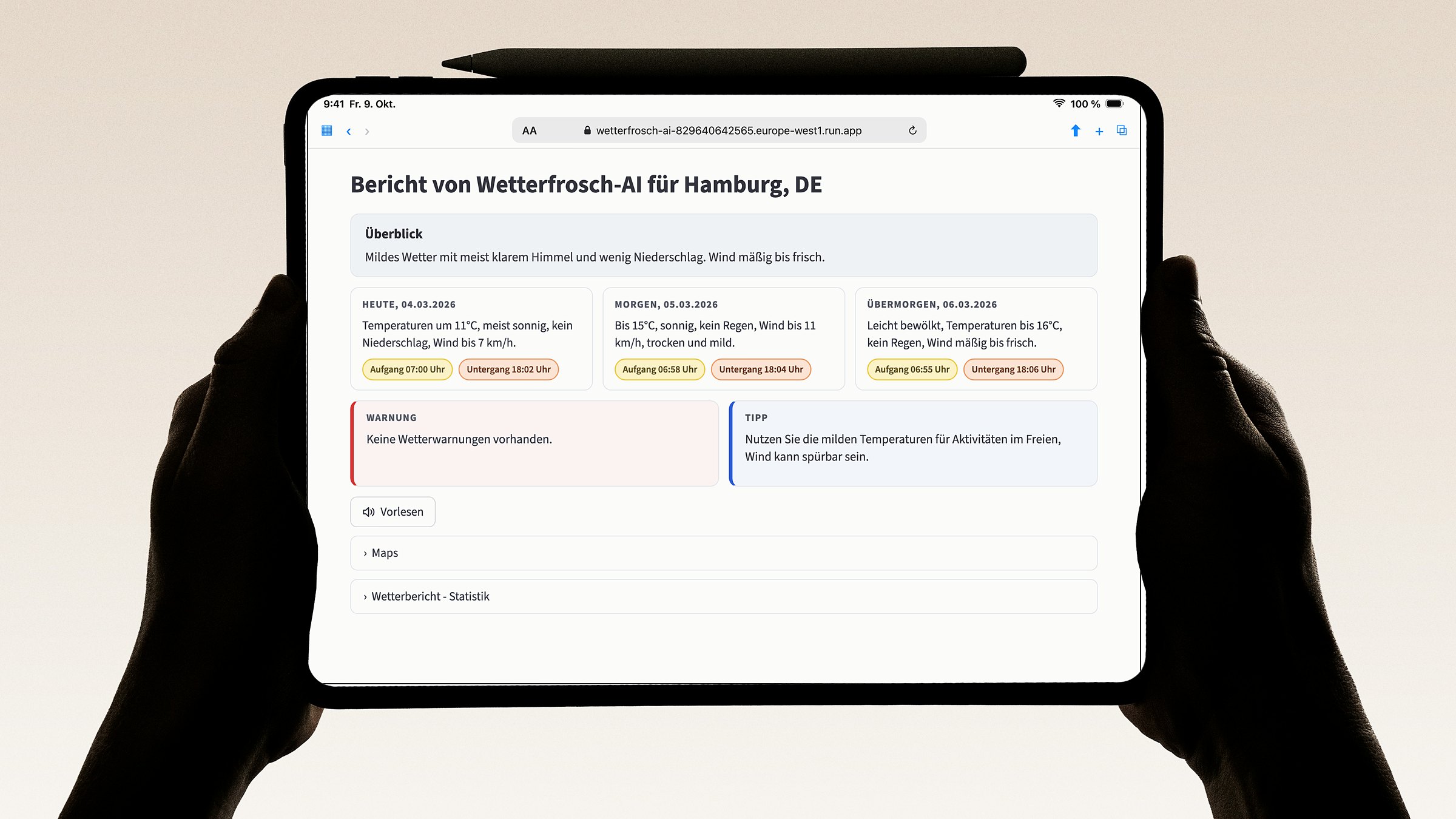 Tablet mit einem KI-generierten Wetterbericht aus Wetterfrosch AI
