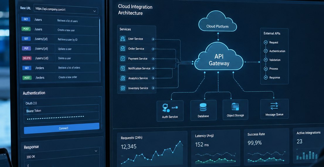 Schnittstellen und Cloud-Architektur auf zwei Monitoren